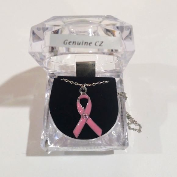 Silver tone & Pink - CZ Crystal Breast Cancer Awareness Necklace - Women Jewelry - Picture 1 of 7